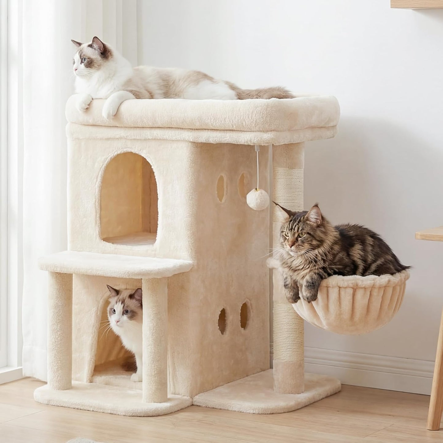 Heybly Cat Tree, 65cm Cat Tower with Spacious Top Perch for Large Cats,Beige