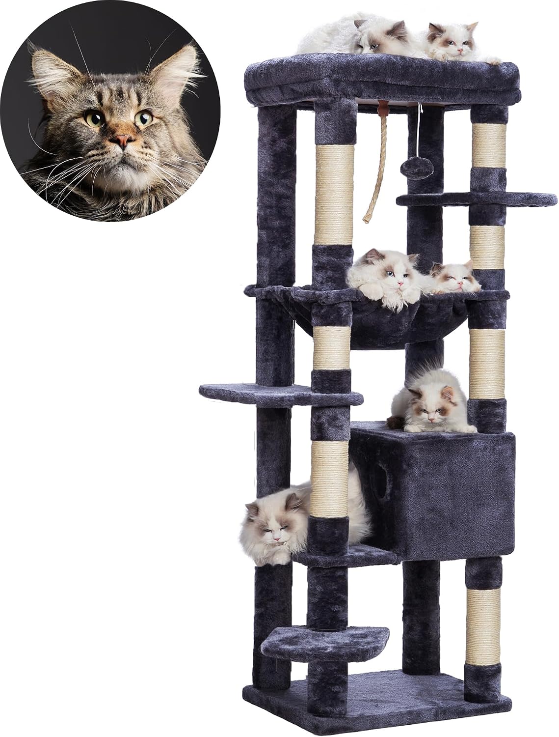 Heybly HCT050G Cat Scratching Post with Blankets for Large Cat Tree Large Platforms Cave 50 x 50 x 153cm Smoke Grey
