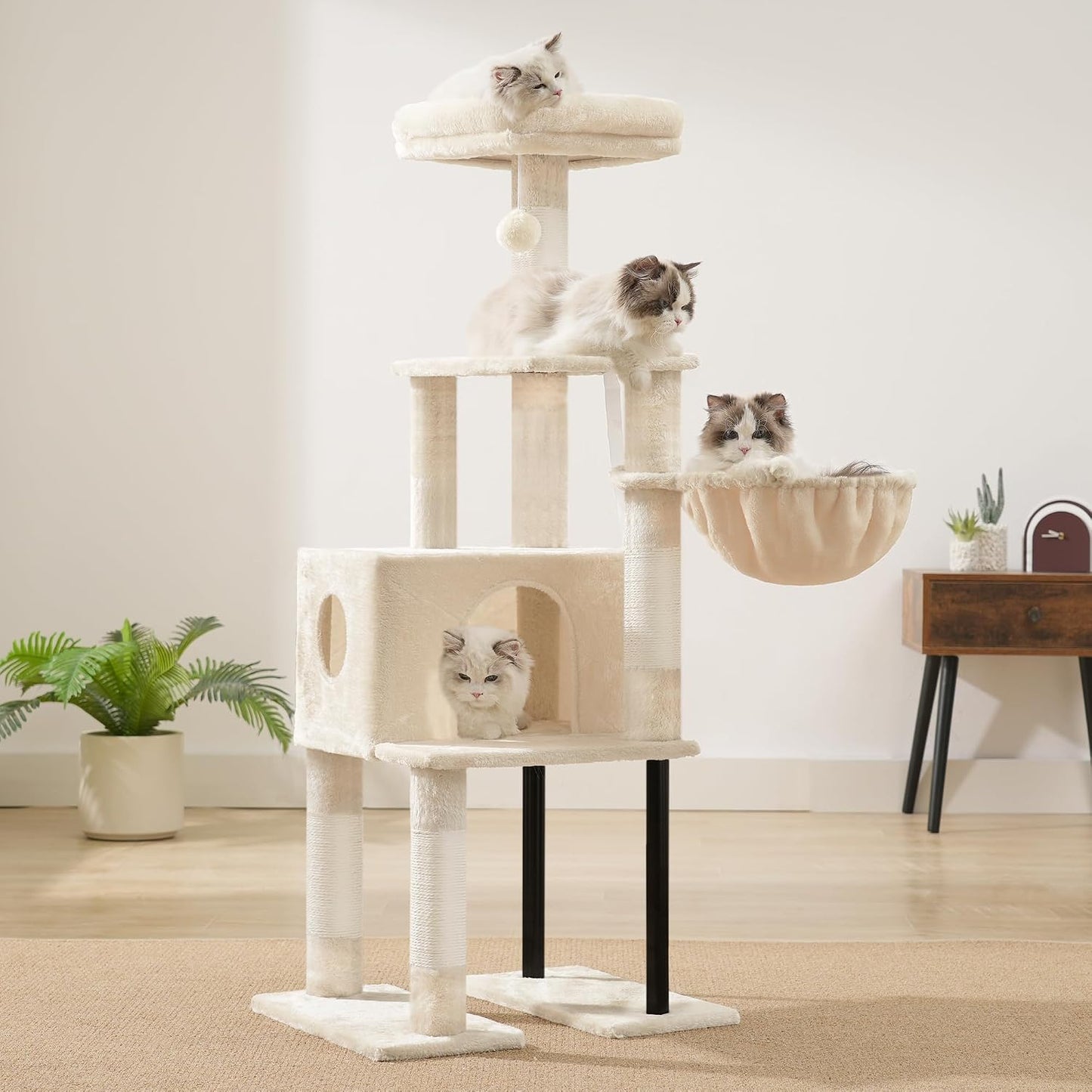 Heybly Cat Tree, 125 cm Cat Tower for Indoor Cats, Spacious Cat House Condo with Hidden Space，Sturdy Steel Tube，Soft Plush Top Perch，Cozy Hammock and Sisal Scratching Posts, Beige HCT200SM