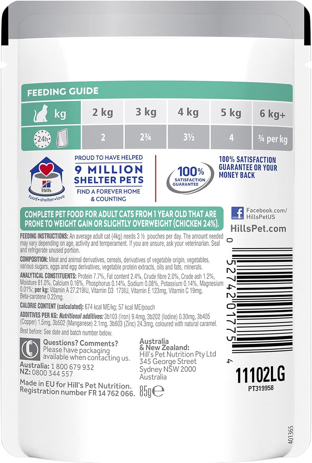 Hill's Science Diet Adult Wet Cat Food, Perfect Weight Chicken, 85g, 12 Pack, Cat Food Pouches