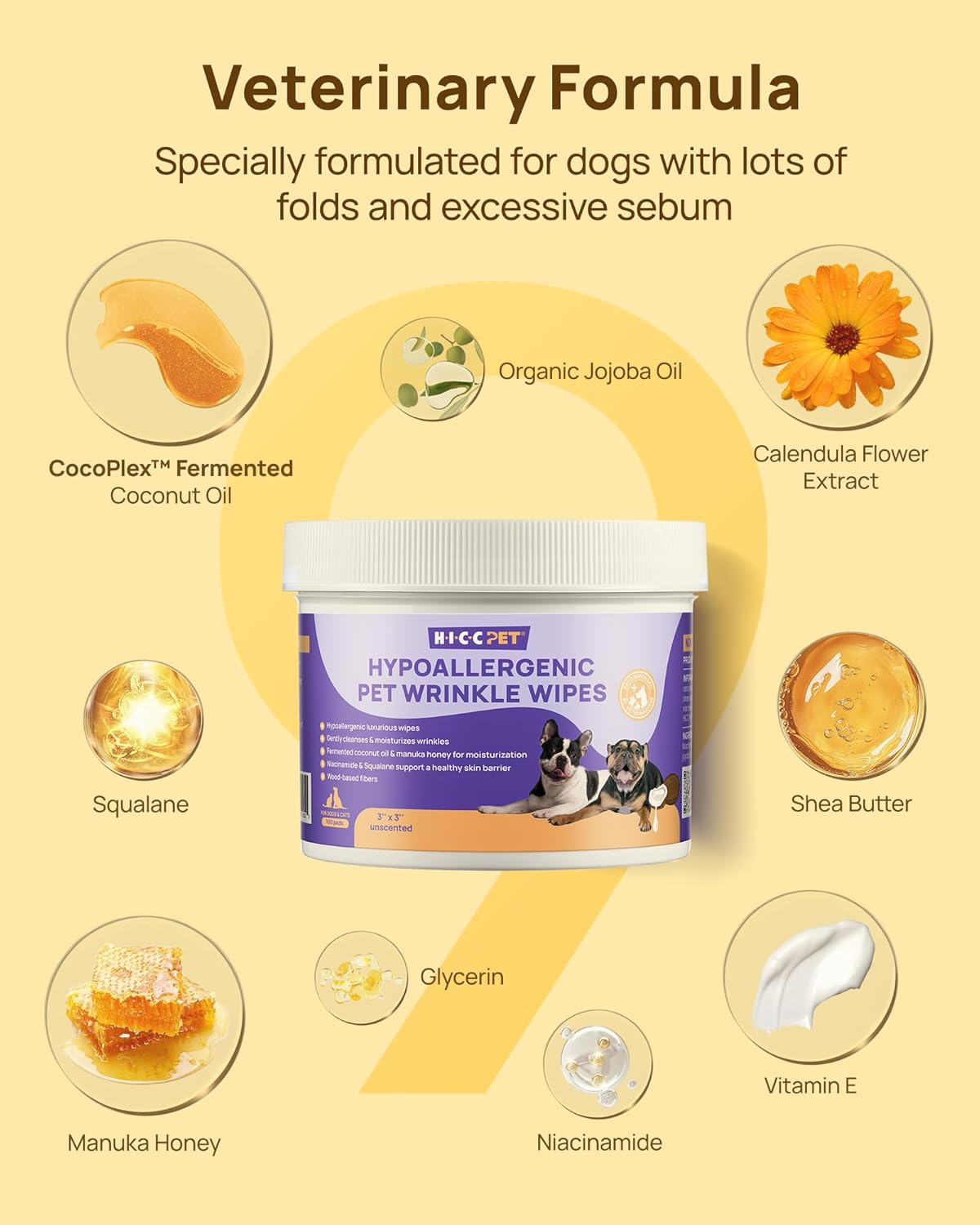 HICC PET Wrinkle Wipes for Dogs, Vet-Recommended Tear Stain Remover & Wrinkle Cleaner(100 Ct)