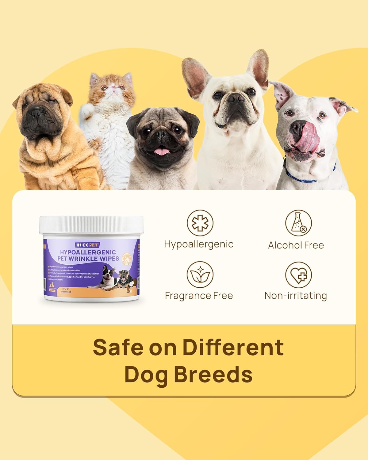 HICC PET Wrinkle Wipes for Dogs, Vet-Recommended Tear Stain Remover & Wrinkle Cleaner(100 Ct)