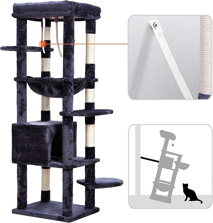 Heybly HCT050G Cat Scratching Post with Blankets for Large Cat Tree Large Platforms Cave 50 x 50 x 153cm Smoke Grey