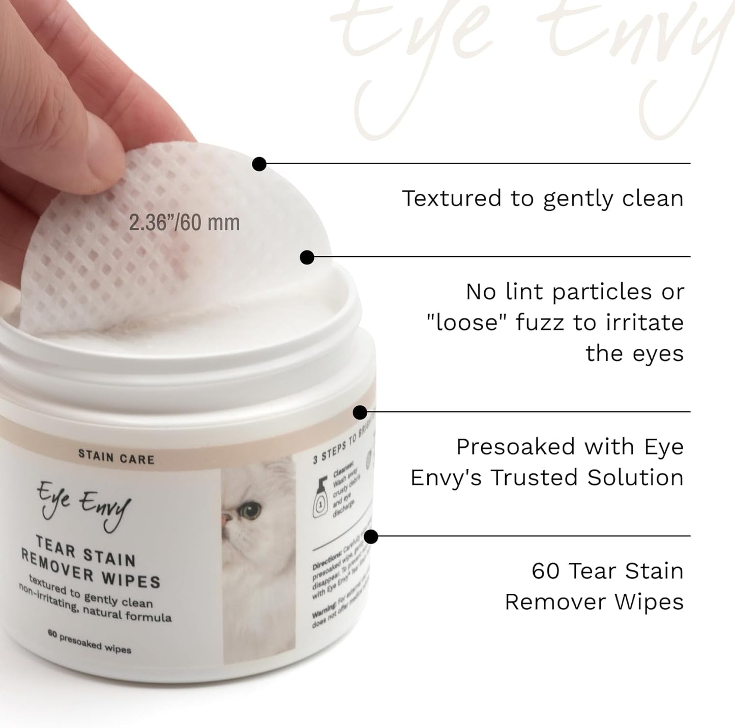Eye Envy Tear Stain Wipes for CatS,100% Natural Formula,USA Made. 60 Wipes