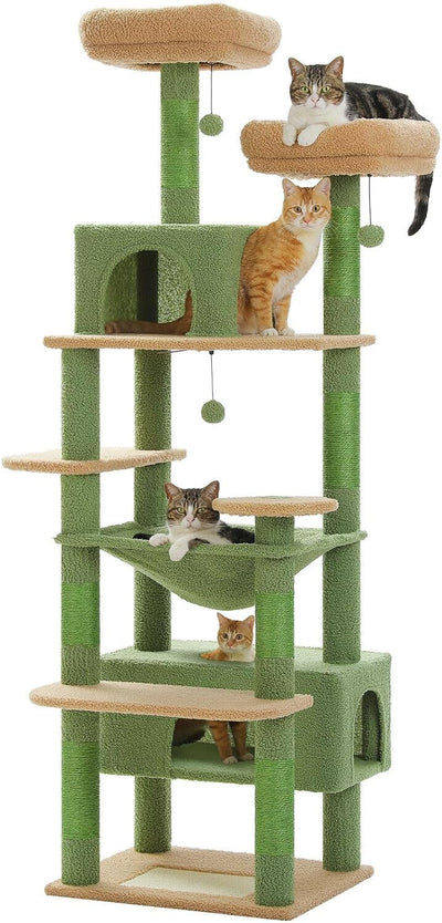 PAWZ Road 184cm Cat Tree with Sisal-Covered Scratching Posts and Pads, Cat Tower for Large Cats with Spacious Hammock, Dual Condos and 2 Padded Perches Green
