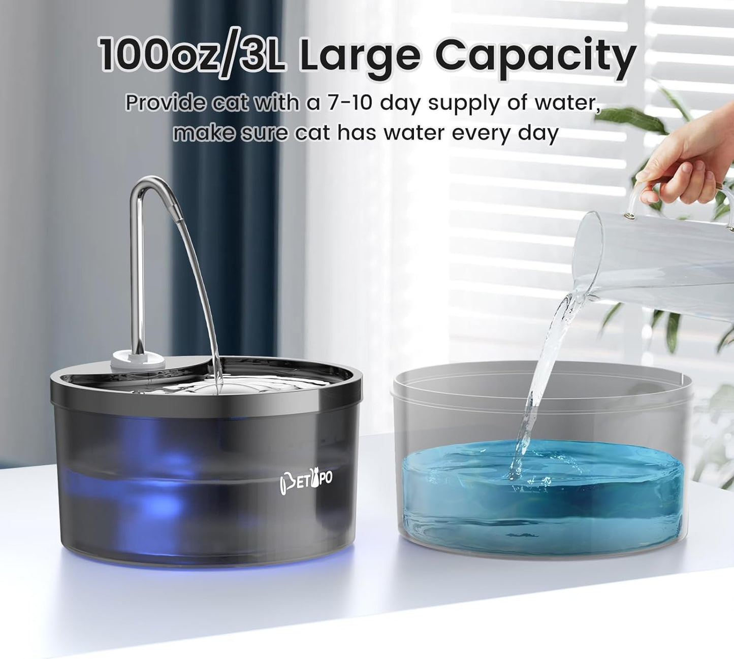 Cat Water Fountain, 3L/100oz Pet Water Fountain for Cats Indoor, BPA-Free (Black, Plastic)