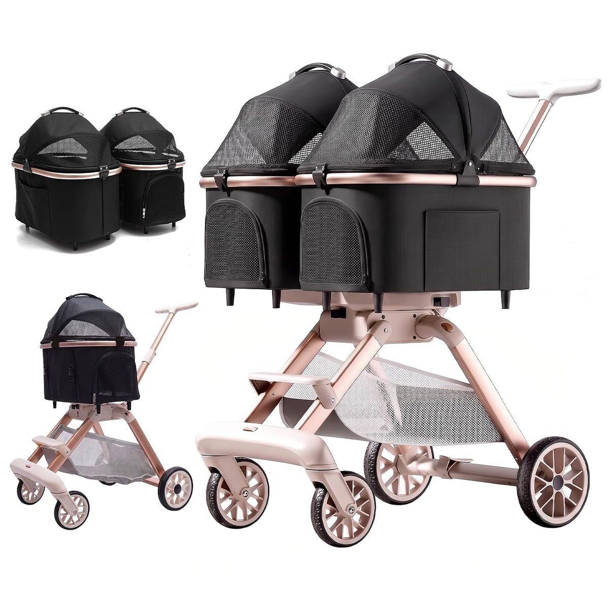 Double Pet Stroller with Detachable Carriers,Ideal for 2 Dogs or Cats,Small/Medium Pets,Black