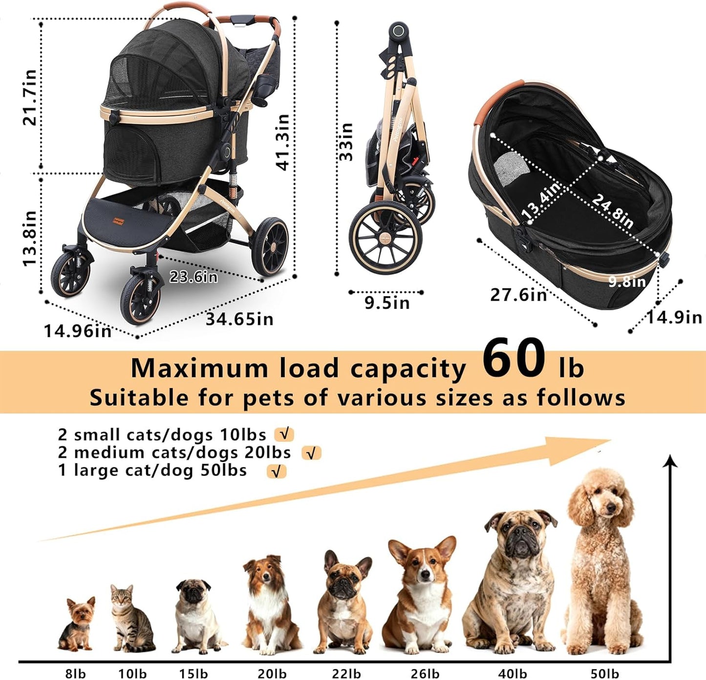 Dog stroller with 4 Wheels, Folding Cat Stroller for Small/Medium/Large dogs & cats to 60 lbs, pet stroller with removable carrier, Storage Basket,Cup Holder,3 in1 Multifunctiona Detachable