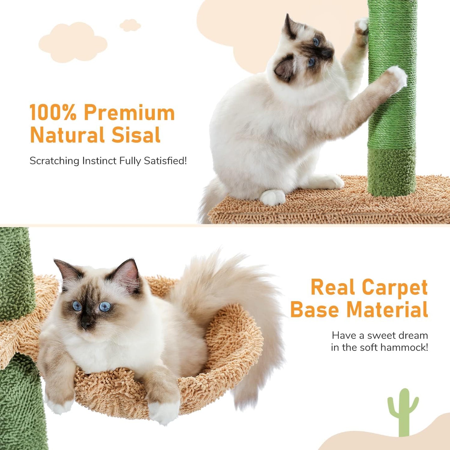 PAWZ Road Floor to Ceiling Cactus Cat Tree for Indoor Cats, Tall Cat Tower [229CM-275CM] Adjustable, Cat Climbing Tree with Cat Scratching Post, Hammock, Dangling Ball Toy,Green