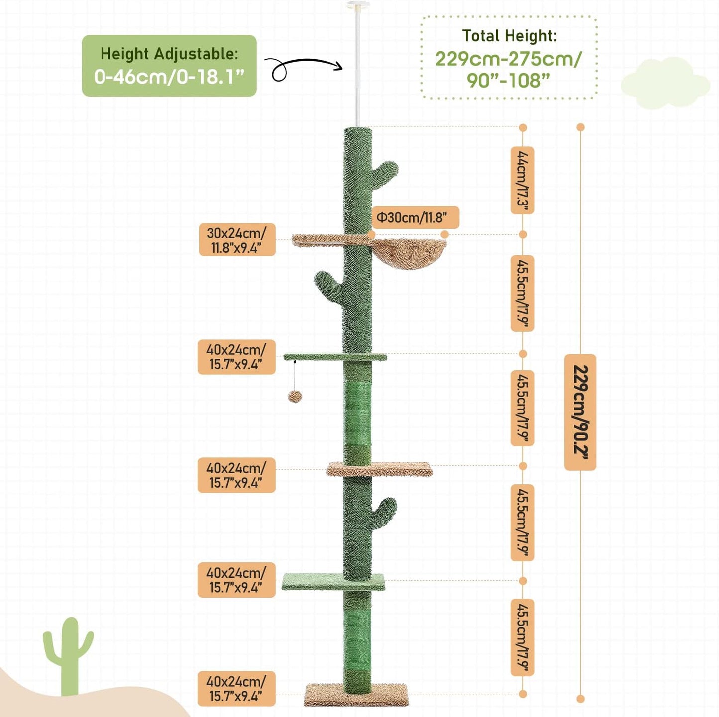PAWZ Road Floor to Ceiling Cactus Cat Tree for Indoor Cats, Tall Cat Tower [229CM-275CM] Adjustable, Cat Climbing Tree with Cat Scratching Post, Hammock, Dangling Ball Toy,Green