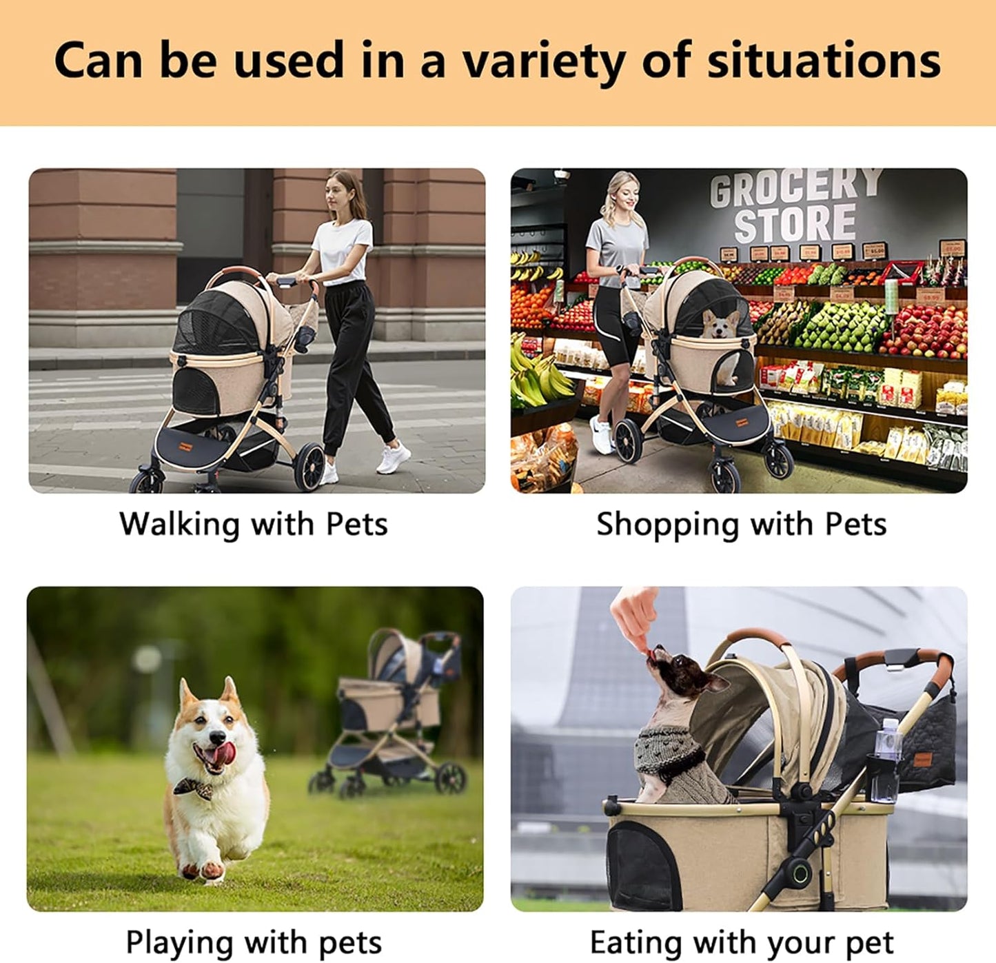 Dog stroller with 4 Wheels, Folding Cat Stroller for Small/Medium/Large dogs & cats to 60 lbs, pet stroller with removable carrier