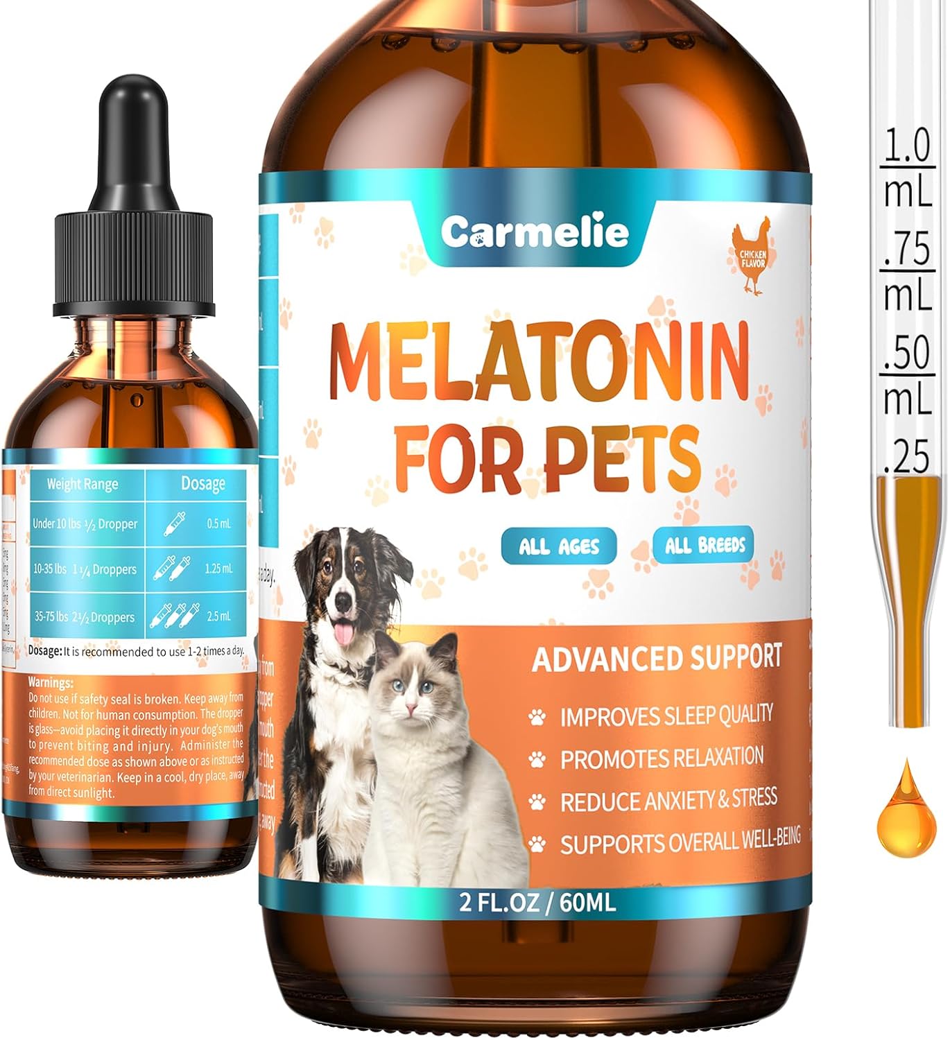 Melatonin for Pets, Dog Melatonin, Dog Sleep Supports, Liquid for Cats, Supports Relaxation Dogs & Cat, Calm Behavior in Dogs, Helps Restful Sleep, Chicken Flavor 60m