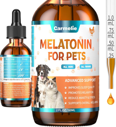 Melatonin for Pets, Dog Melatonin, Dog Sleep Supports, Liquid for Cats, Supports Relaxation Dogs & Cat, Calm Behavior in Dogs, Helps Restful Sleep, Chicken Flavor 60m