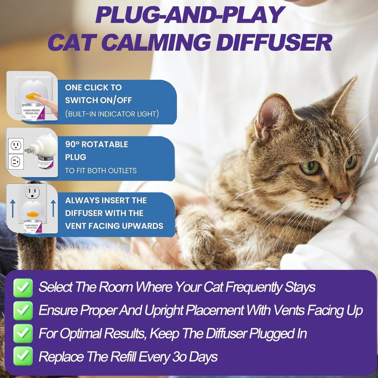 Cat Calming Diffuser, Cat Pheromones Calming Diffuser, Pheromone Dffuser to Calm Cats, Cat Calming Diffuser with 2 Diffuser + 4 Refill,120 Days for Cats Relief Stress Anxiety Purple