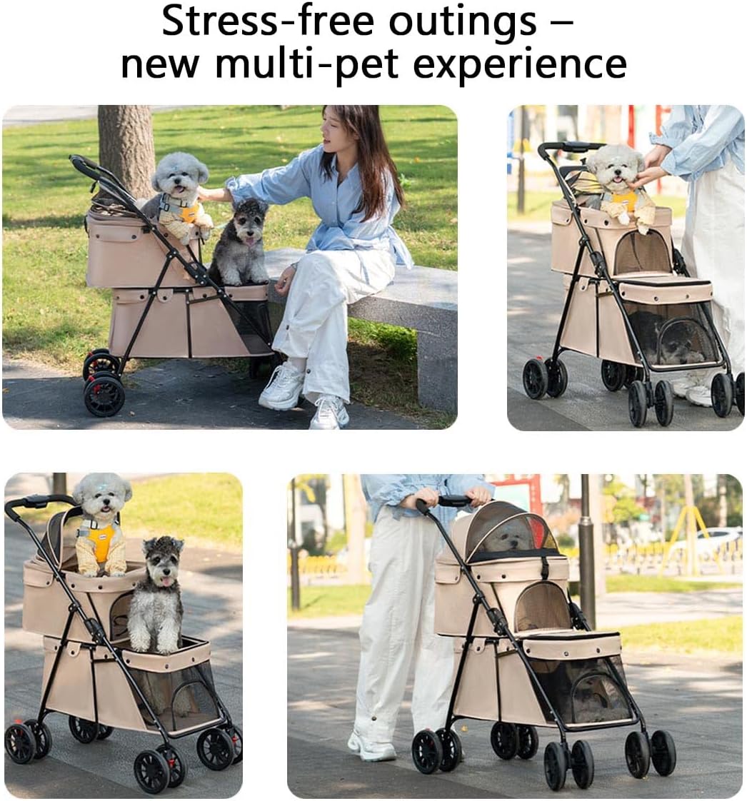Double Layer Pet Stroller Cat Dog pram, Lockable Wheels Carriers, Foldable for Storage, for Small Medium Sized Pets, Simple Assembly (Brown)