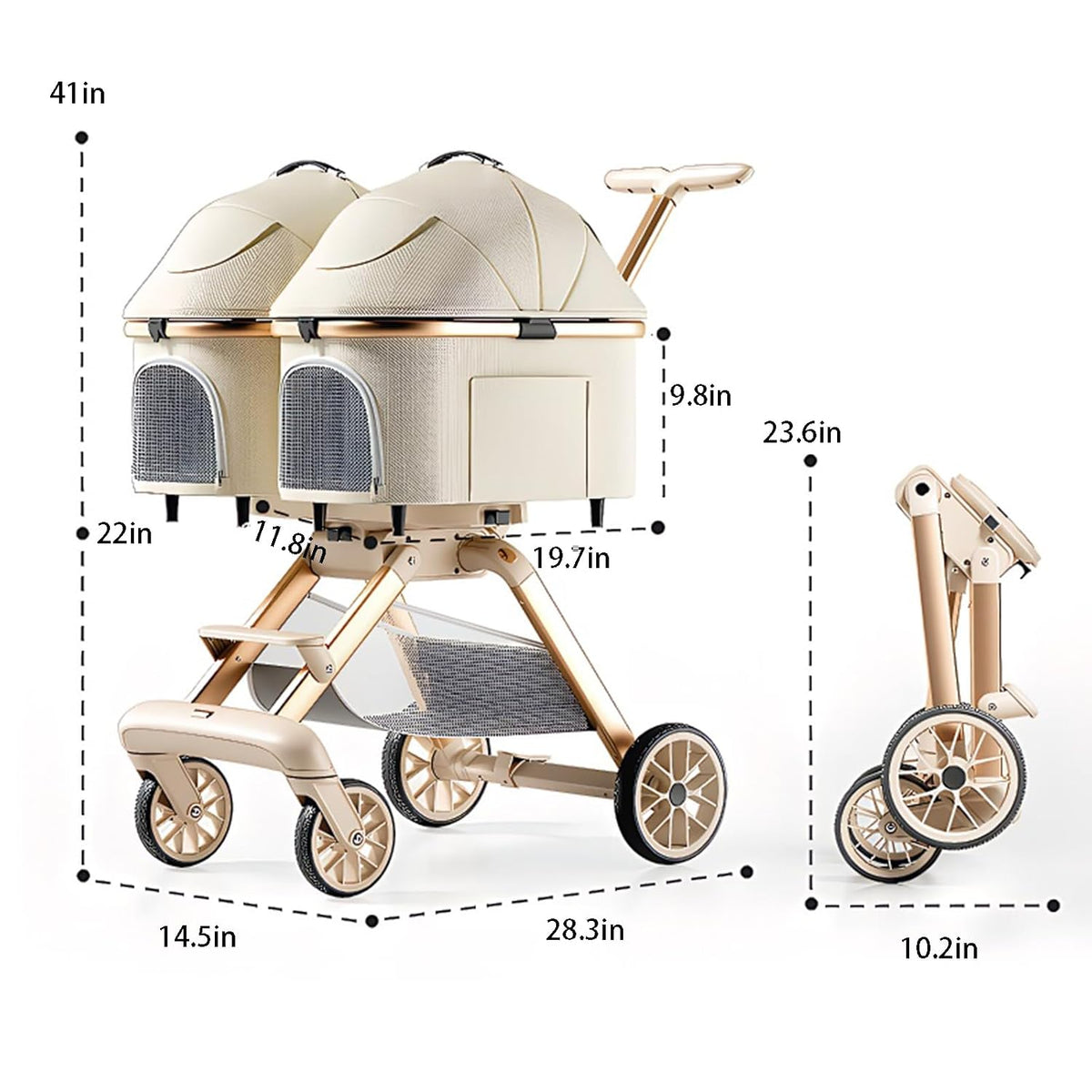 Double Pet Stroller, Foldable All-Terrain Stroller for 2 Small Dogs & Cats