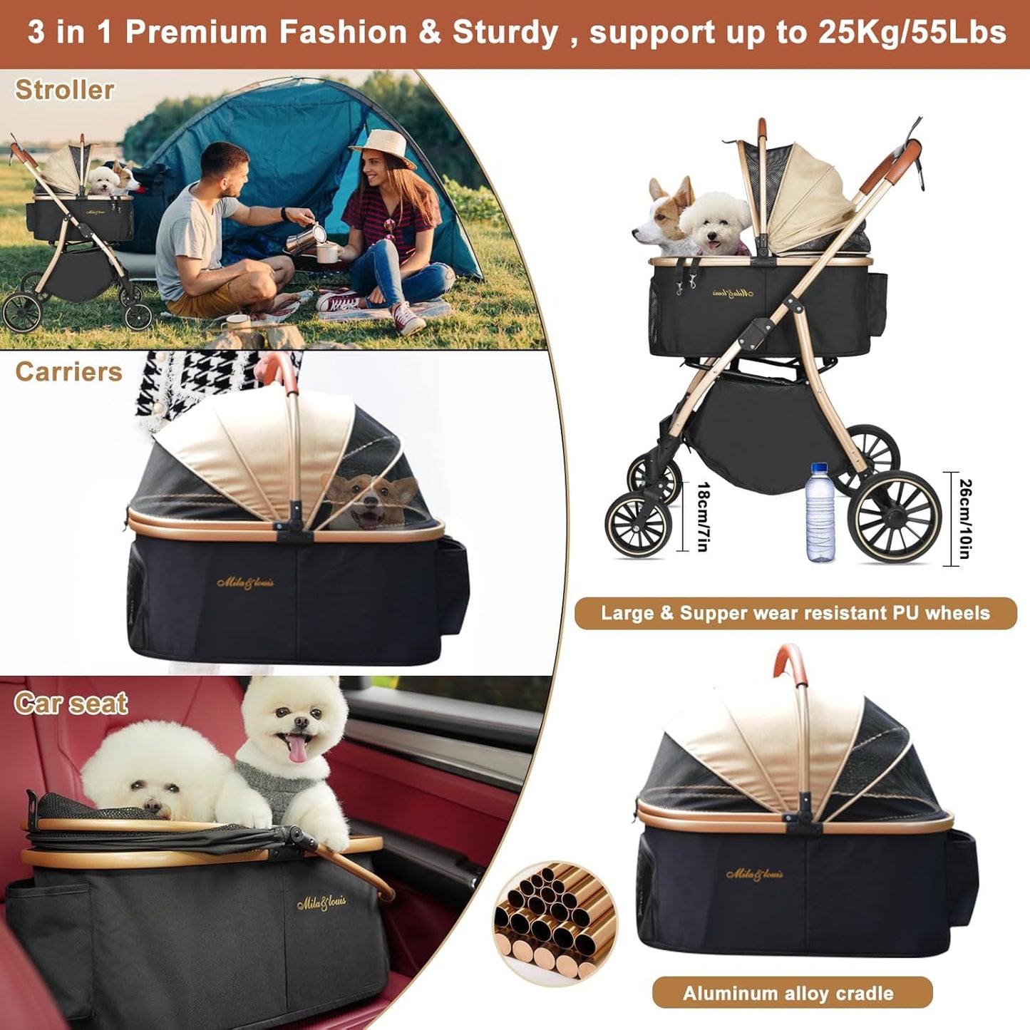 Dog Stroller, 24" Pet Cradle, Large PU Wear-Resistant Wheels, Cat Stroller for Small & Medium 55 lbs, Lightweight Pet Stroller, Detachable Aluminum Cradle, Cup Holder