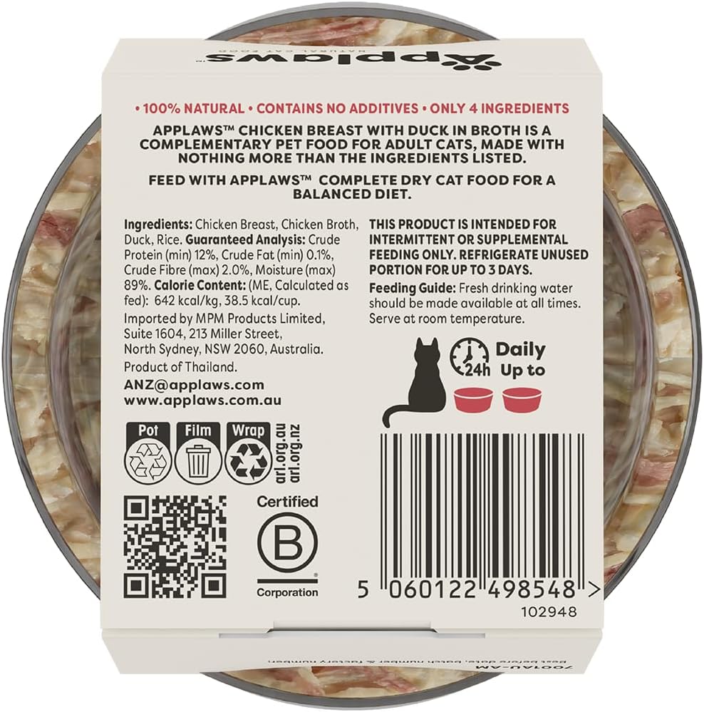 Applaws 100% Natural Wet Cat Food Chicken Breast with Duck in Broth, Limited Ingredients Pet Food 60g Pot (Pack of 10)