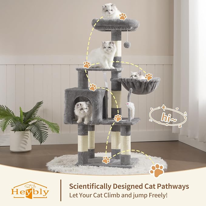 Heybly 110cm Cat Tree with Toy, Cat Tower for Indoor Cats, Cat Play Tower with Padded Plush Perch, Grey
