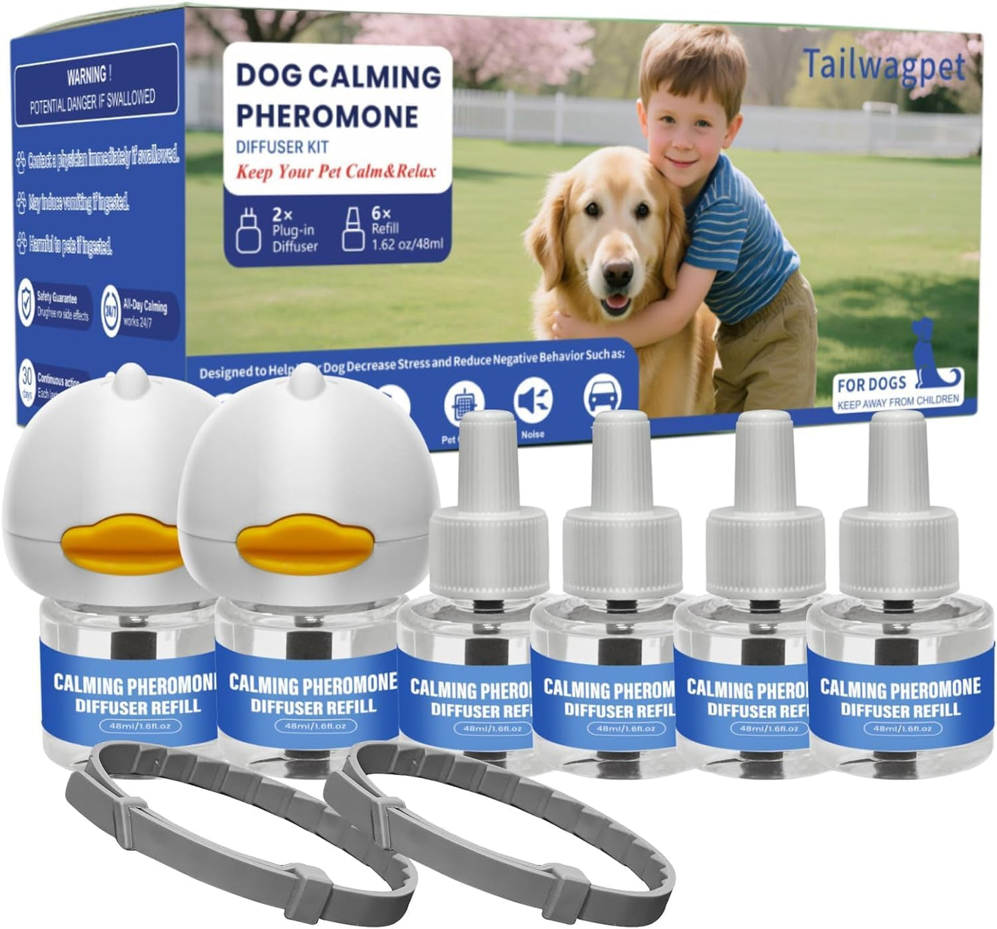 Dog Calming Diffuser, Relaxing Pheromone for Dogs Relief Stress 2 Diffuser + 6 Refills + 2 Calming Collars）