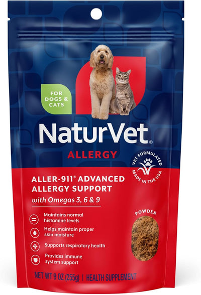 NaturVet ALLER 911 Skin Coat Allergy Aid Powder Omega 3 6 Dog Cat 255g