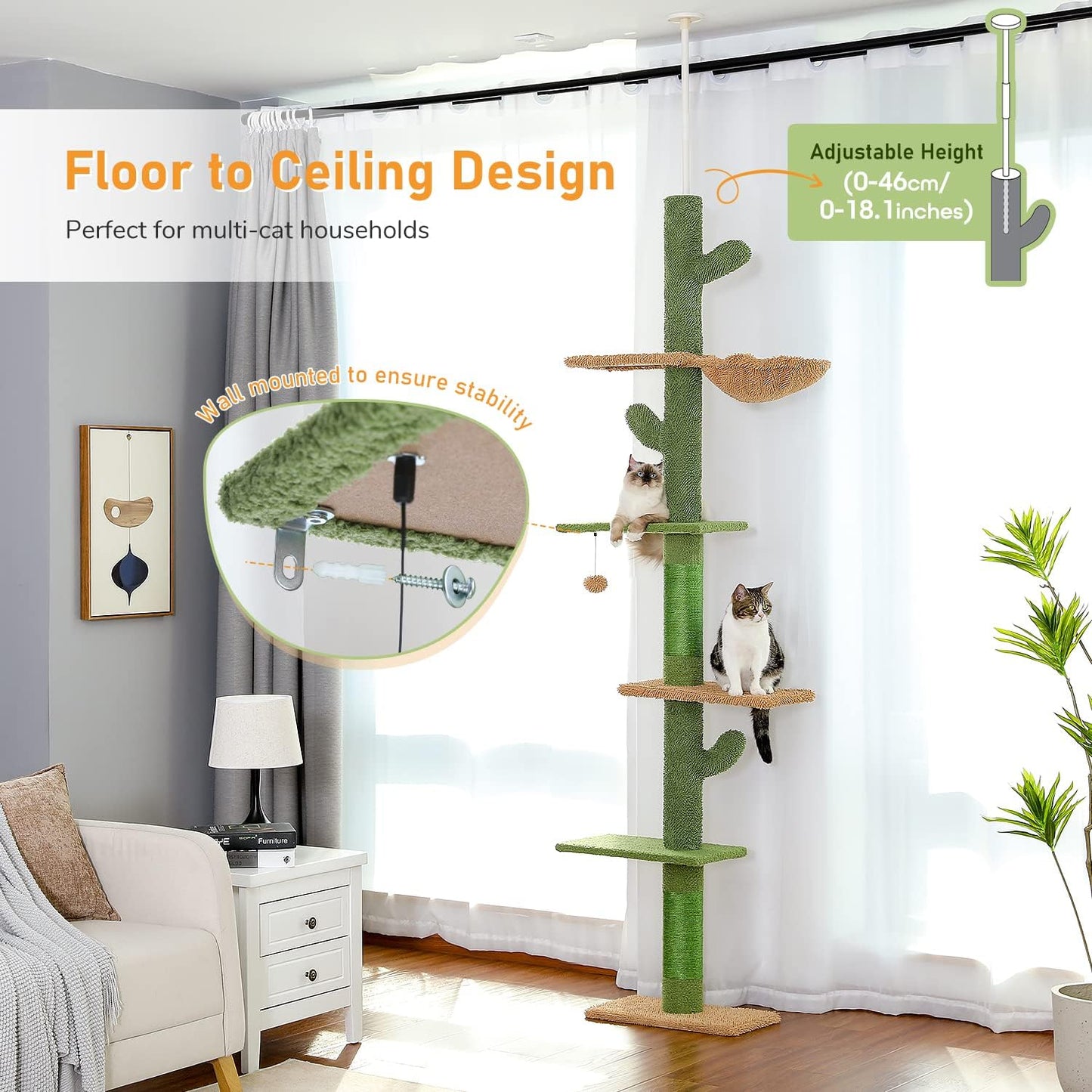 PAWZ Road Floor to Ceiling Cactus Cat Tree for Indoor Cats, Tall Cat Tower [229CM-275CM] Adjustable, Cat Climbing Tree with Cat Scratching Post, Hammock, Dangling Ball Toy,Green