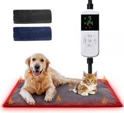 Pet Heating Pad for Dogs & Cats XL 60x90cm – 9 Adjustable Temperature Levels (35–55℃) & 14 Timer Settings (0–12H/24H), Electric Heated Pet Mat with Chew-Resistant 1.8m Cord,2 Washable Covers