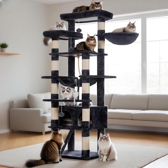 Heybly Tall Cat Tree, 78-inch Multi-Level Cat Tower for Indoor Cats, 2 Widened Plush Perches Cat Condo with Scratching Board and Big Caves, Smoky Gray