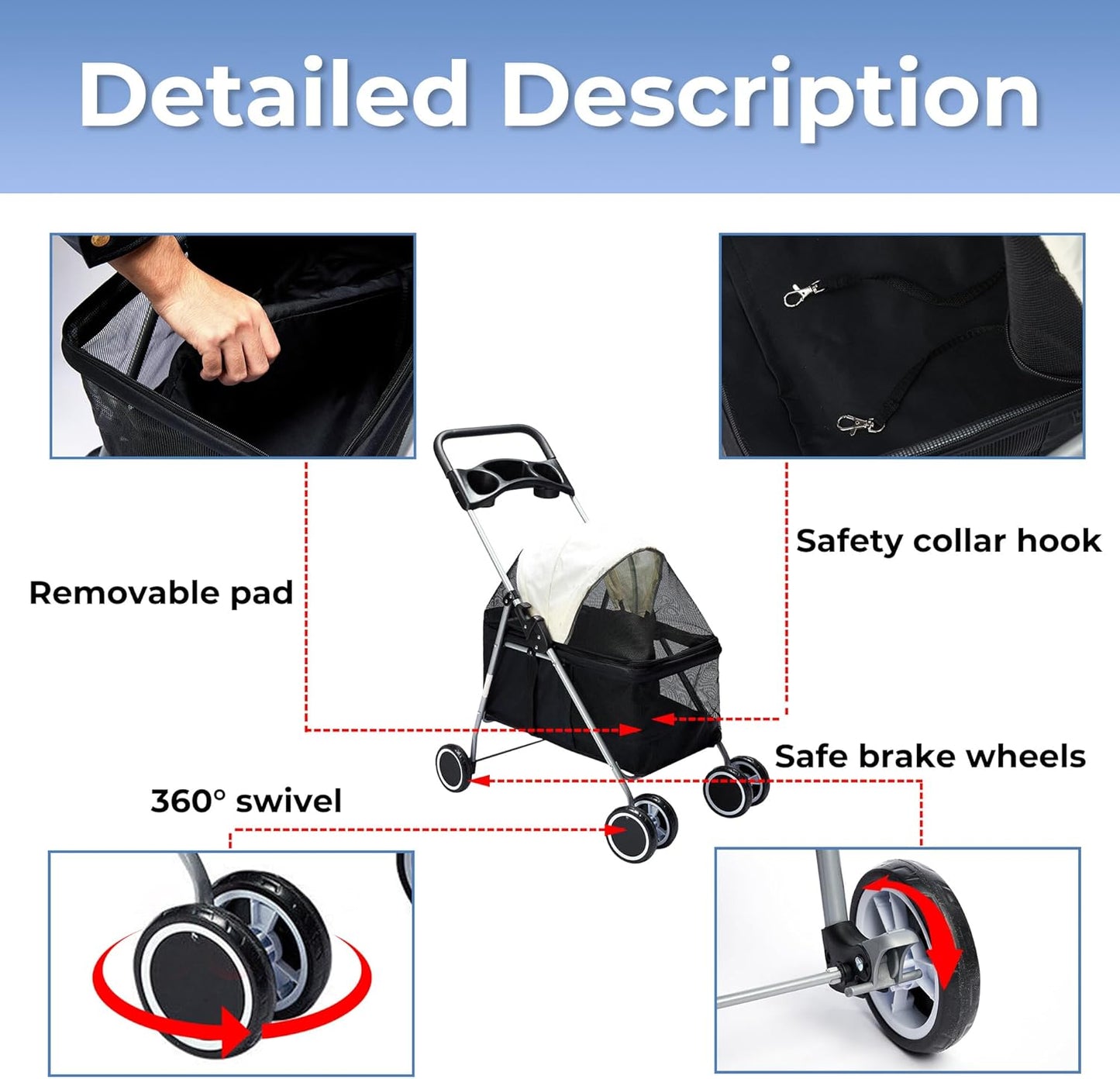 PaWz 4 Wheels Foldable Pet Stroller Dog Cat Travel Carrier Large Black
