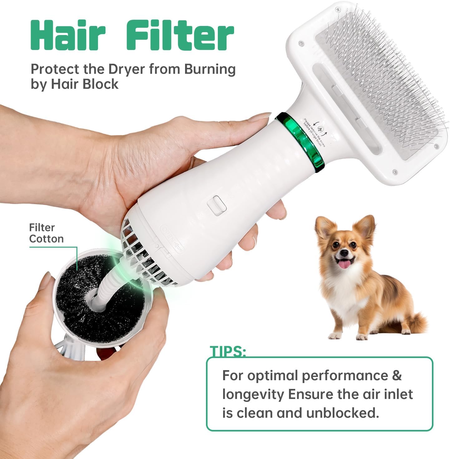 Dog Hair Dryer, 2-in-1 Dog Blow Dryer with Slicker Brush, 300W Pet Hair Dryer