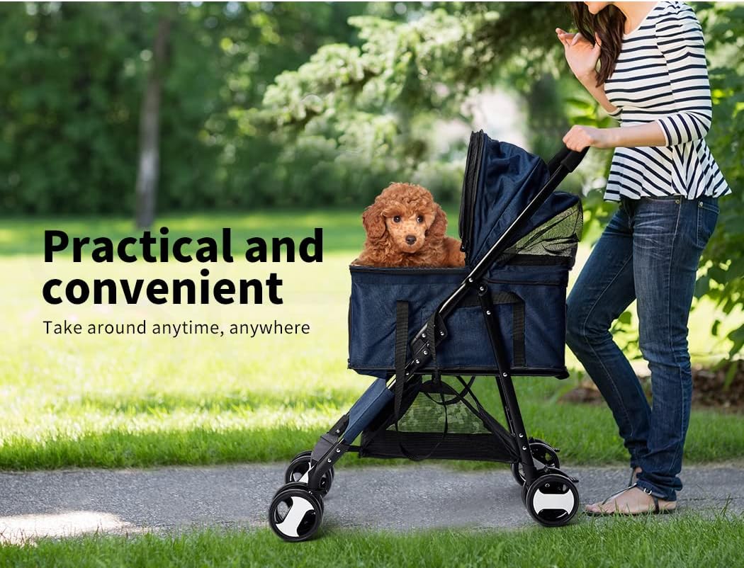PaWz Large Pet Stroller - Dog Cat Carrier Pushchair, Foldable Pram 4 Wheels Blue