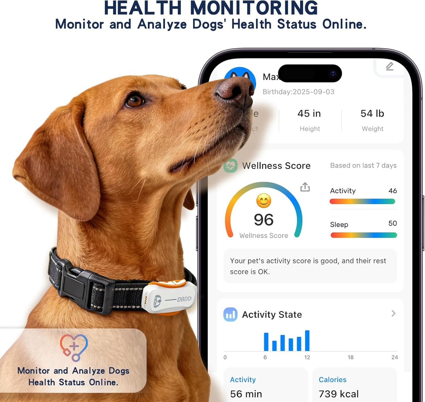 DBDD AI GPS Tracker for Dogs, Real Time Location and AI Health Care Management, Electronic Fence, Waterproof, iOS and Android Compatible (White)