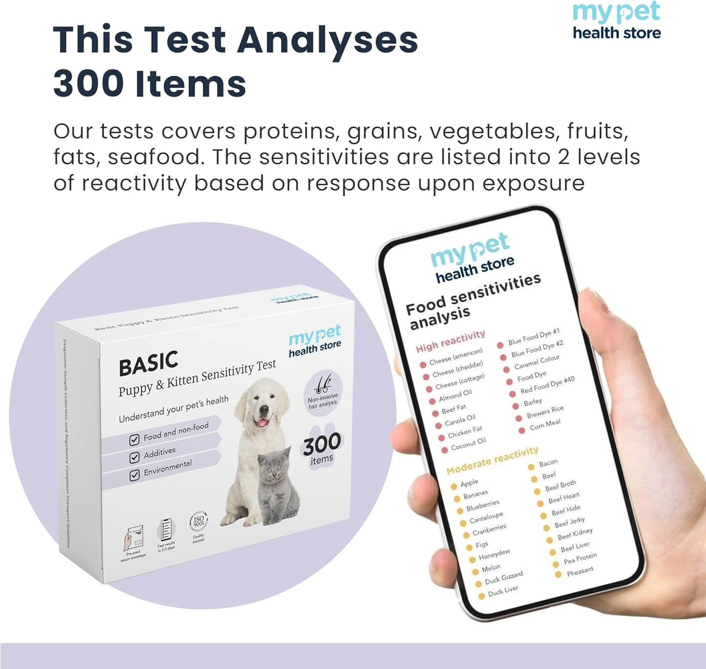 My Pet Health Store Allergen Sensitivity Test - Home Puppy & Kitten Allergy Test | 300 Checks | 3-5 Day Results | Non-Invasive Hair Sampling | Food & Environmental Analysis | Ideal for Young Pets
