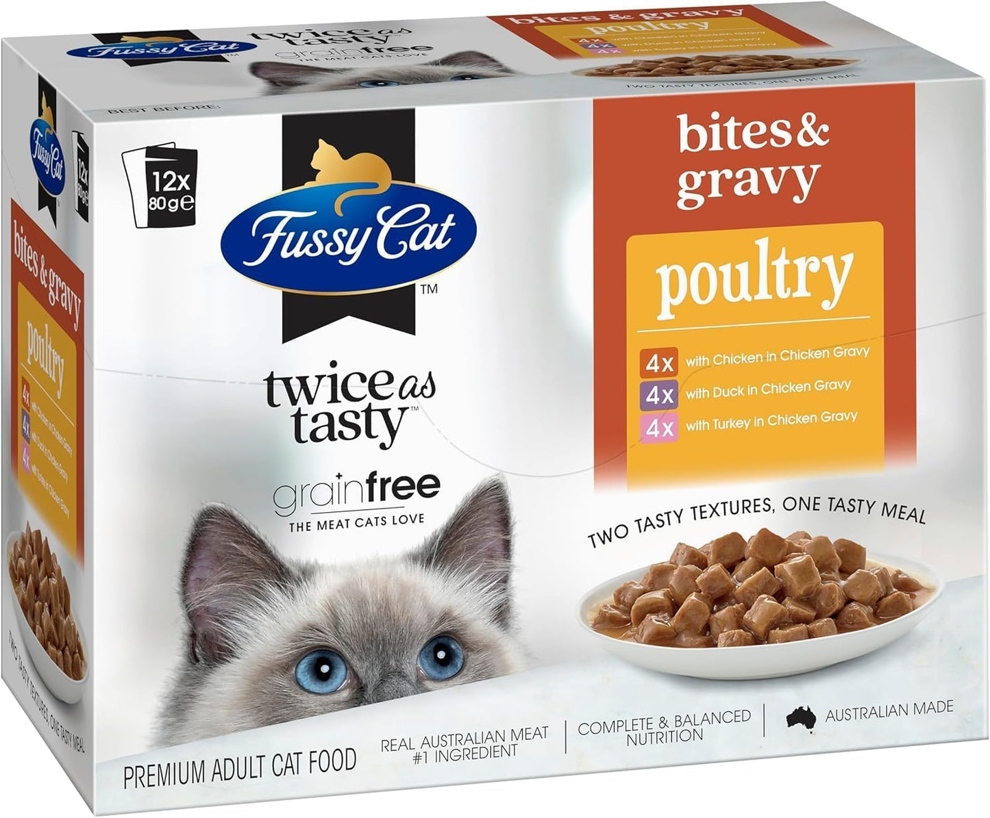 Fussy Cat Grain Free Adult Twice as Tasty Wet Cat Food, Bites & Gravy Poultry 12x80g