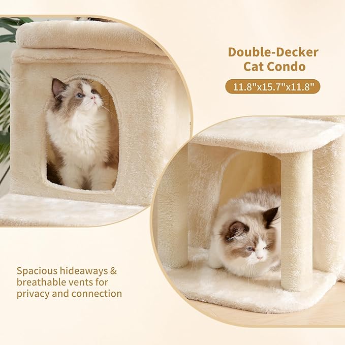 Heybly Cat Tree, 65cm Cat Tower with Spacious Top Perch for Large Cats,Beige