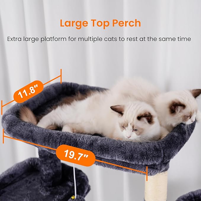 Heybly Tall Cat Tree, 78-inch Multi-Level Cat Tower for Indoor Cats, 2 Widened Plush Perches Cat Condo with Scratching Board and Big Caves, Smoky Gray