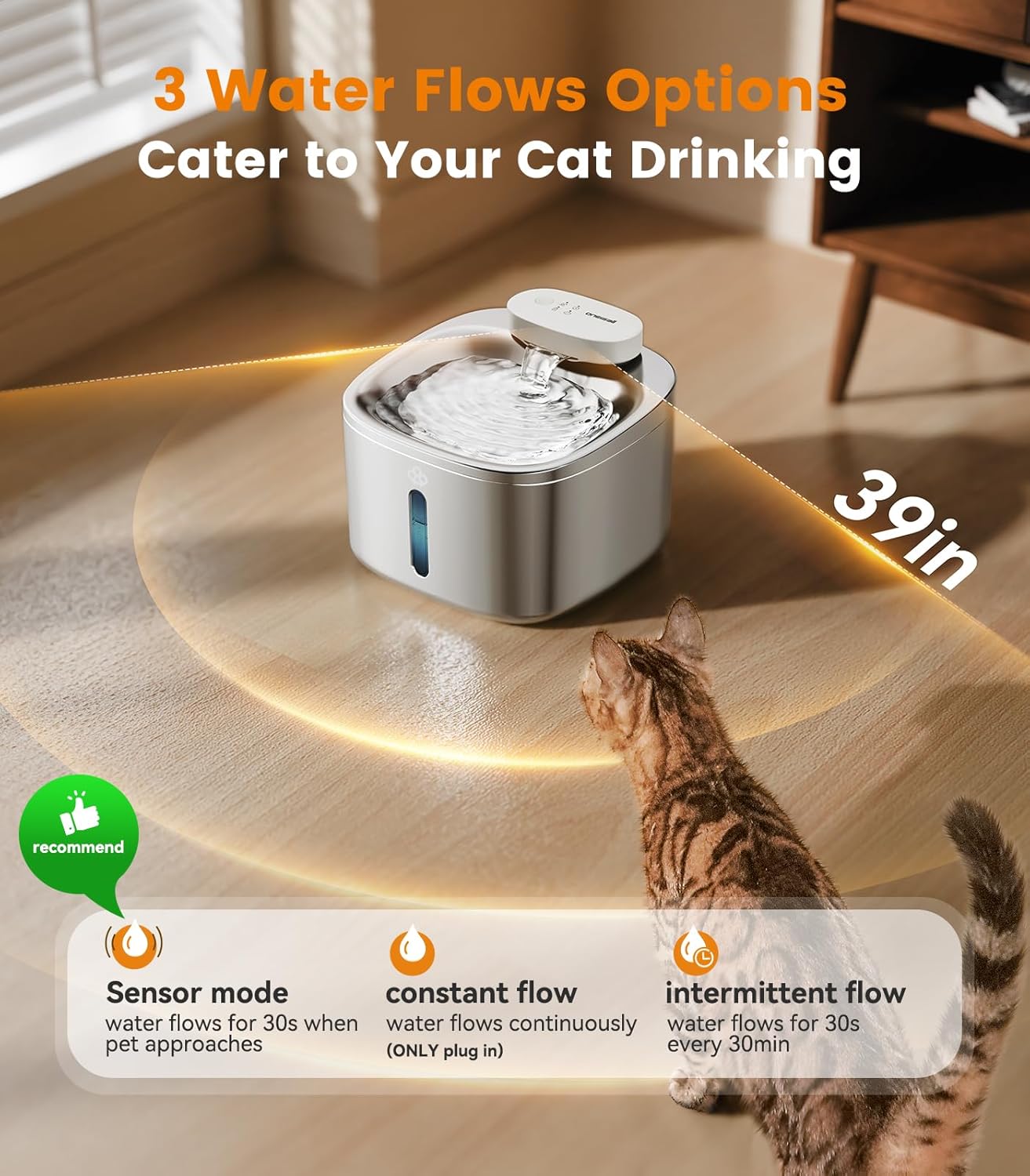 oneisall Wireless Cat Water Fountain, 3.5L/118oz Battery Operated with Motion Sensor