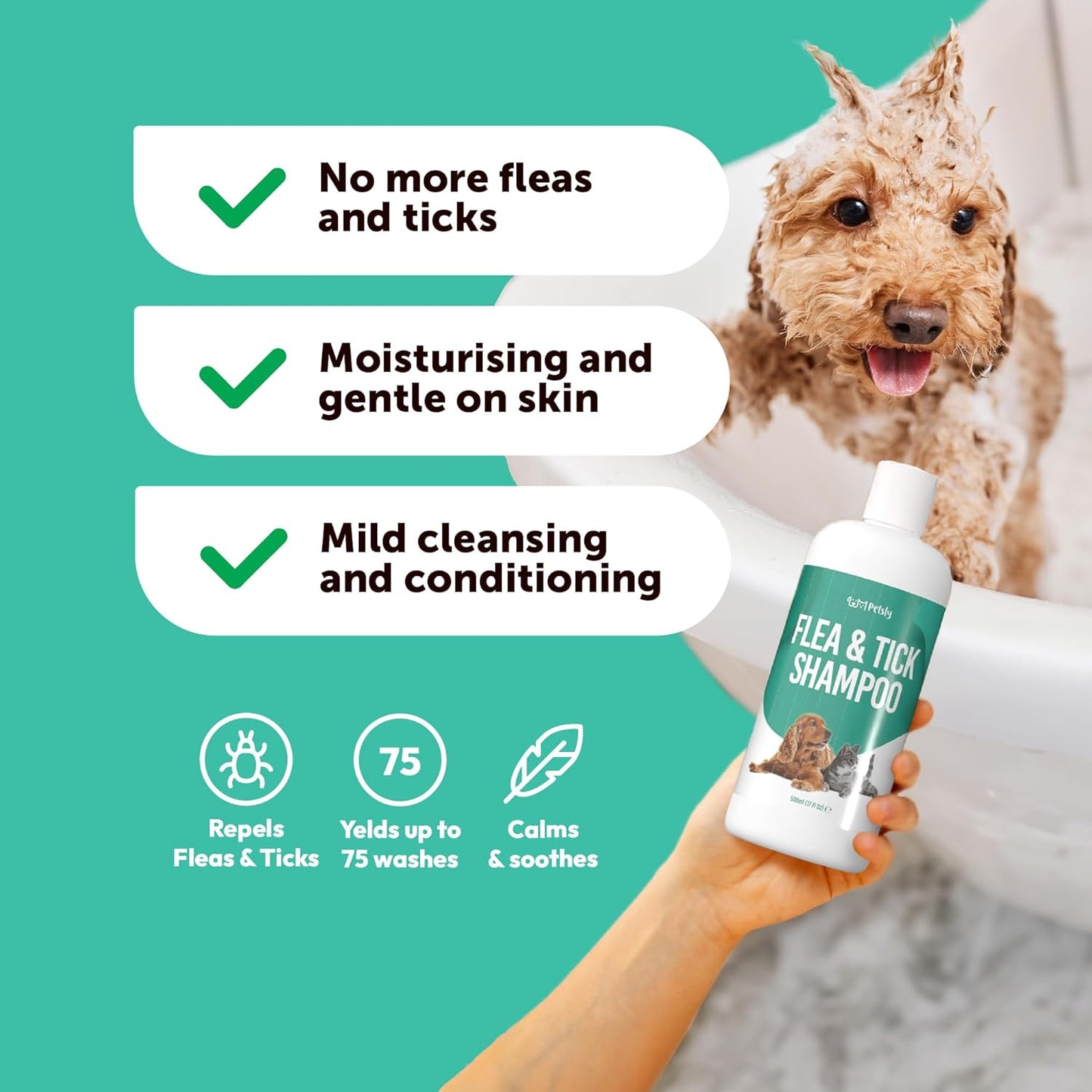 Medicated Flea & Tick Shampoo for Cats & Dogs – 500ml – Anti-bacterial & Anti-fungal - Soothing Cleanser for Itchy, Sensitive Skin – Remove Fleas & Ticks Fast – PETA Approved – Made in Germany