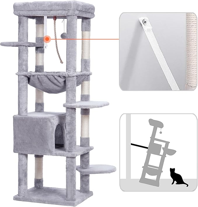 Heybly HCT050W Cat Scratching Post with Blankets for Large Cat Tree Large Platforms Cave 50 x 50 x 153cm Light Grey