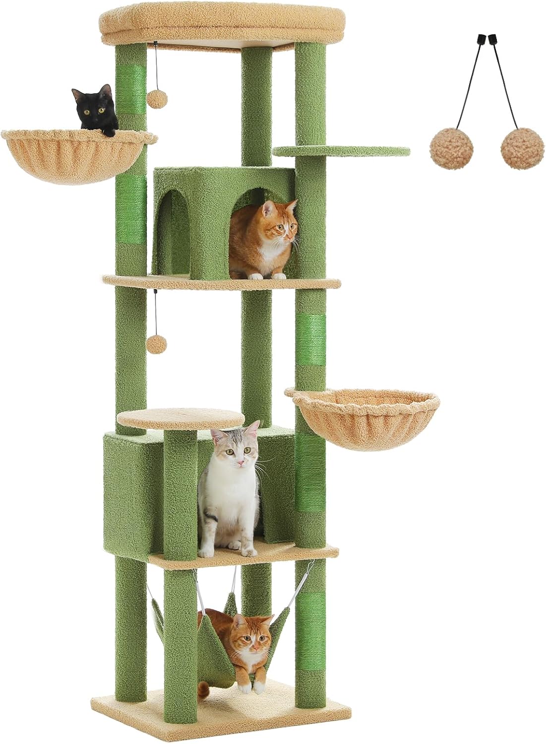 PAWZ Road Cat Tree, 181cm Cat Tower for Indoor Large Cats, Cat Furniture with 2 Spacious Cat Condo, Large Top Perch,2 Hammock(Dia=35cm), 2 Round Perches,Sisal Covered Scratching Post.Grey