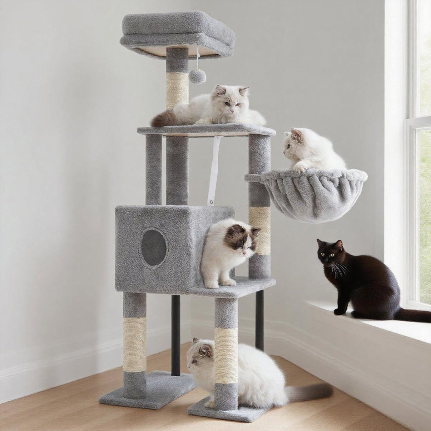 Heybly HCT200SW Cat Scratching Post, 125 cm, Small Cat Tree, Spacious and Comfortable Scratching Post with Cave