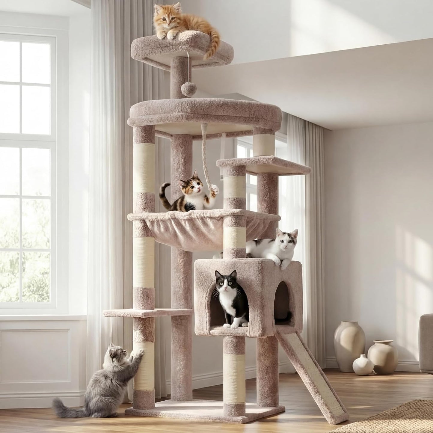 Heybly 64.2" Heavy-Duty Cat Tree for Large Cats with Wide Base HCT027MU | Rosy Brown