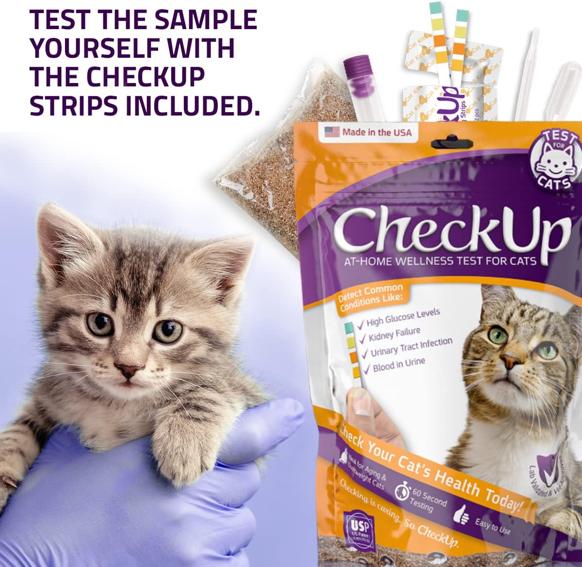 CheckUp at Home Wellness Test Kit for Cats | 2lb Hydrophobic Litter for Urine Collection, 2 Test Strips