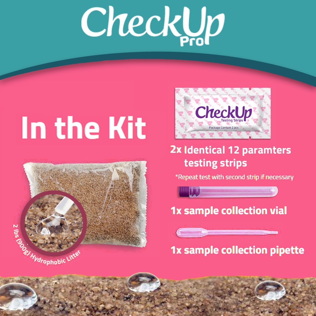 CheckUp Pro at Home Wellness Test for Cats | Hydrophobic Litter for Urine Collection & two 10 Indicators Test Strips for pH, Protein Urobilinogen, Glucose, Bilirubin, Ketone, S-Gravity, Blood in urine