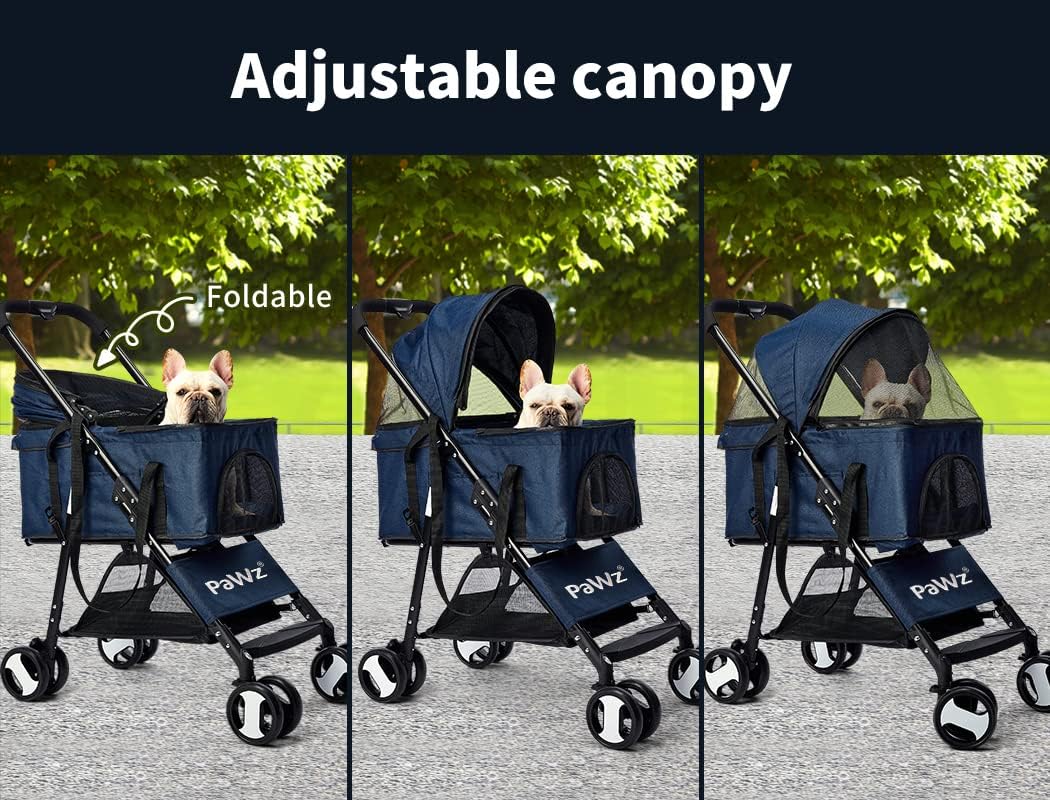 PaWz Large Pet Stroller - Dog Cat Carrier Pushchair, Foldable Pram 4 Wheels Blue