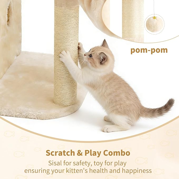 Heybly Cat Tree, 65cm Cat Tower with Spacious Top Perch for Large Cats,Beige