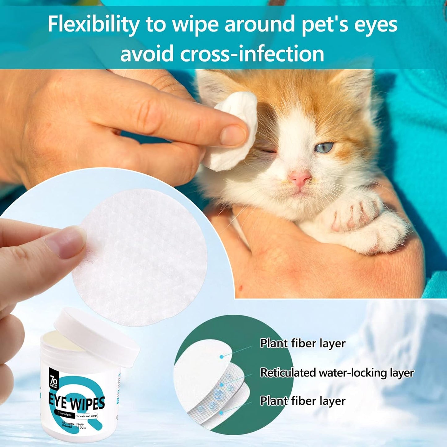 Pet Gentle Teeth Wipes, 150 Pcs Universal Cat & Dog Grooming Wipes, Natural and Safe for Removing Dirt Crust and Discharge, Hypoallergenic for Teeth, Ear, Nose