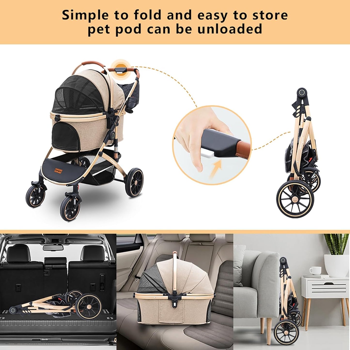 Dog stroller with 4 Wheels, Folding Cat Stroller for Small/Medium/Large dogs & cats to 60 lbs, pet stroller with removable carrier