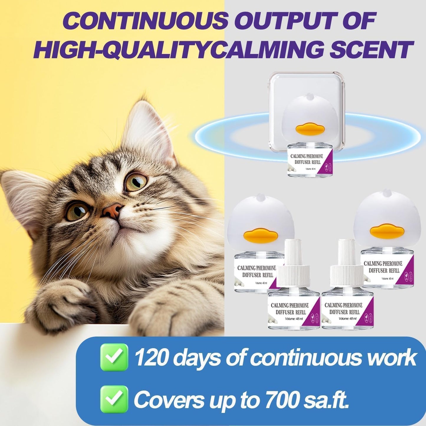 Cat Calming Diffuser, Cat Pheromones Calming Diffuser, Pheromone Dffuser to Calm Cats, Cat Calming Diffuser with 2 Diffuser + 4 Refill,120 Days for Cats Relief Stress Anxiety Purple