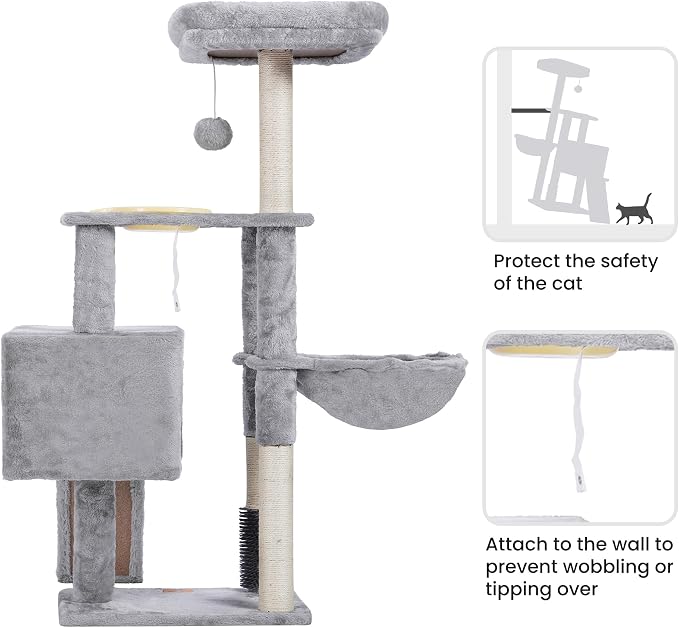 Heybly Cat Tree with Cat Self Groomer Brush, Cat Tower Condo for Indoor Cats ,Light Grey